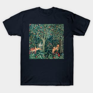 GREENERY, FOREST ANIMALS Fox and Hares Blue Green Floral Tapestry T-Shirt